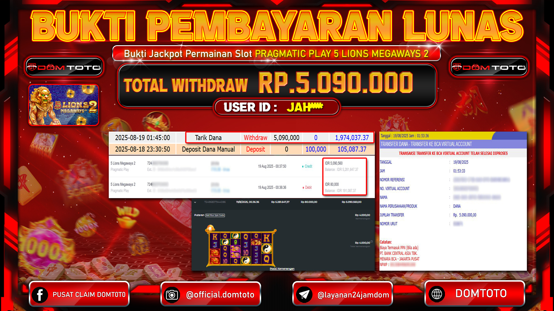 JACKPOT SLOT 5 LIONS MEGAWAYS 2 19 AGUSTUS  2025